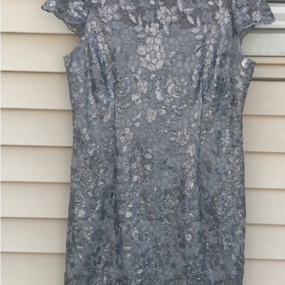 Alex Evenings Silver Sequin Sheath Dress with Flutter Cap Sleeves